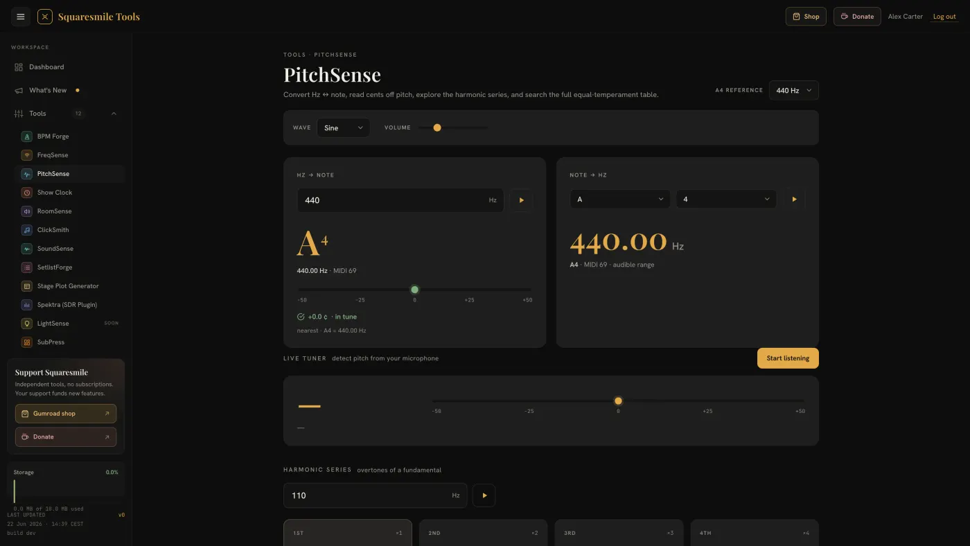 PitchSense — the main screen