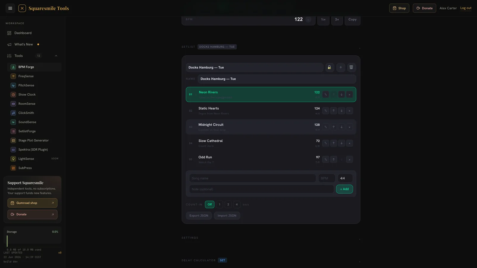 A BPM Forge setlist named Docks Hamburg — Tue with five songs, each carrying its BPM, time signature and note, plus count-in and JSON export controls.