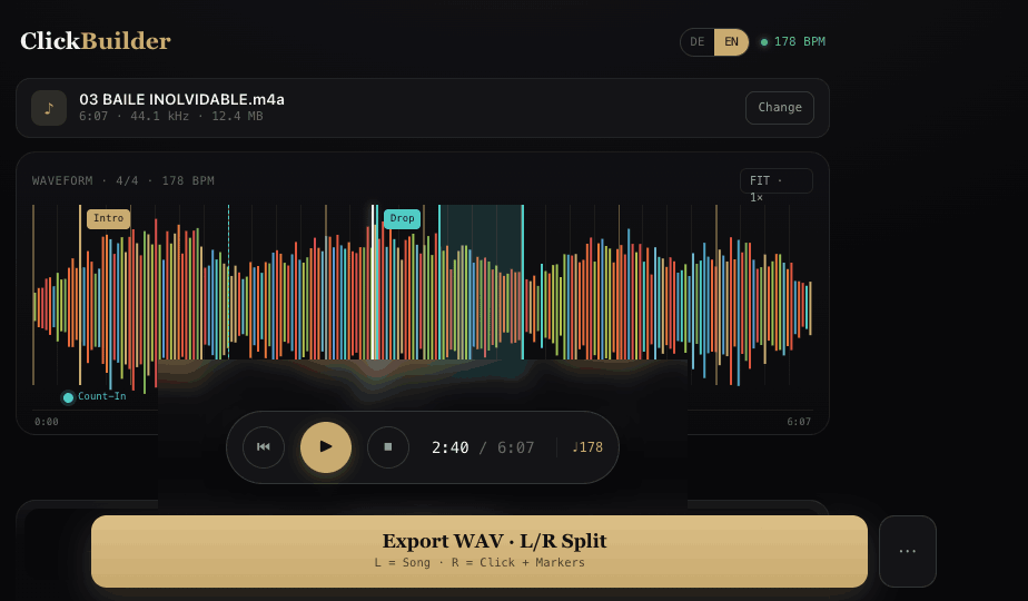 ClickBuilder showing a song's colored waveform with a beat grid, Intro and Drop section markers, a Count-In cue, the transport controls, and the Export WAV · L/R Split button.