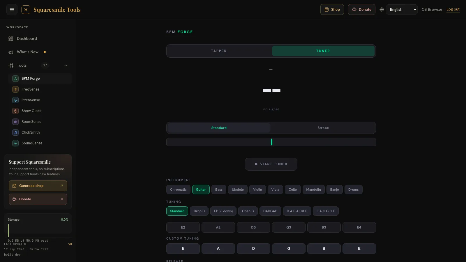 The BPM Forge Tuner tab inside Squaresmile Tools: a large note readout above a cents bar, the Start tuner button, and instrument pills for Chromatic, Guitar, Bass, Ukulele, Violin, Viola, Cello, Mandolin, Banjo and Drums.