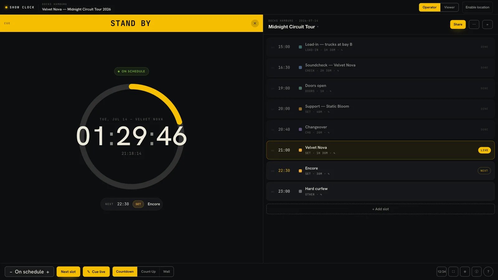 A full-width amber STAND BY cue banner across the top of Show Clock while the countdown keeps running, with the Cue live button active in the bottom toolbar.