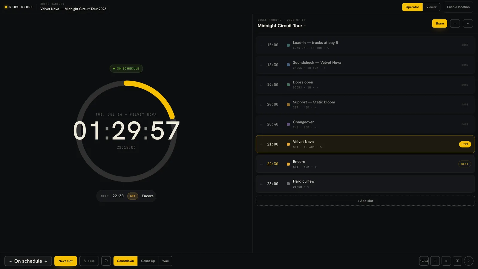 Show Clock's operator view with a large 01:29:57 countdown ring marked ON SCHEDULE beside the night's run of show — load-in, soundcheck, doors and support set marked done, the 21:00 headline set flagged LIVE and the 22:30 encore marked NEXT.
