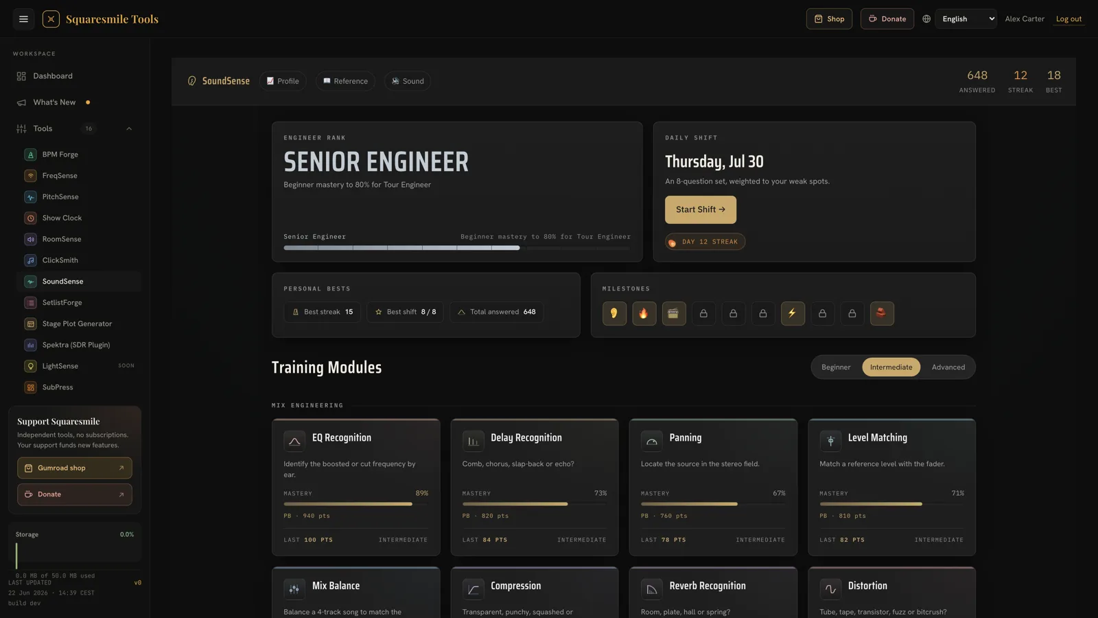 The SoundSense dashboard showing the Senior Engineer rank with a progress bar toward Tour Engineer, a Daily Shift card with a Start Shift button and a 12-day streak, personal bests, milestone badges, and training-module cards for EQ Recognition, Delay Recognition, Panning and Level Matching with mastery percentages.