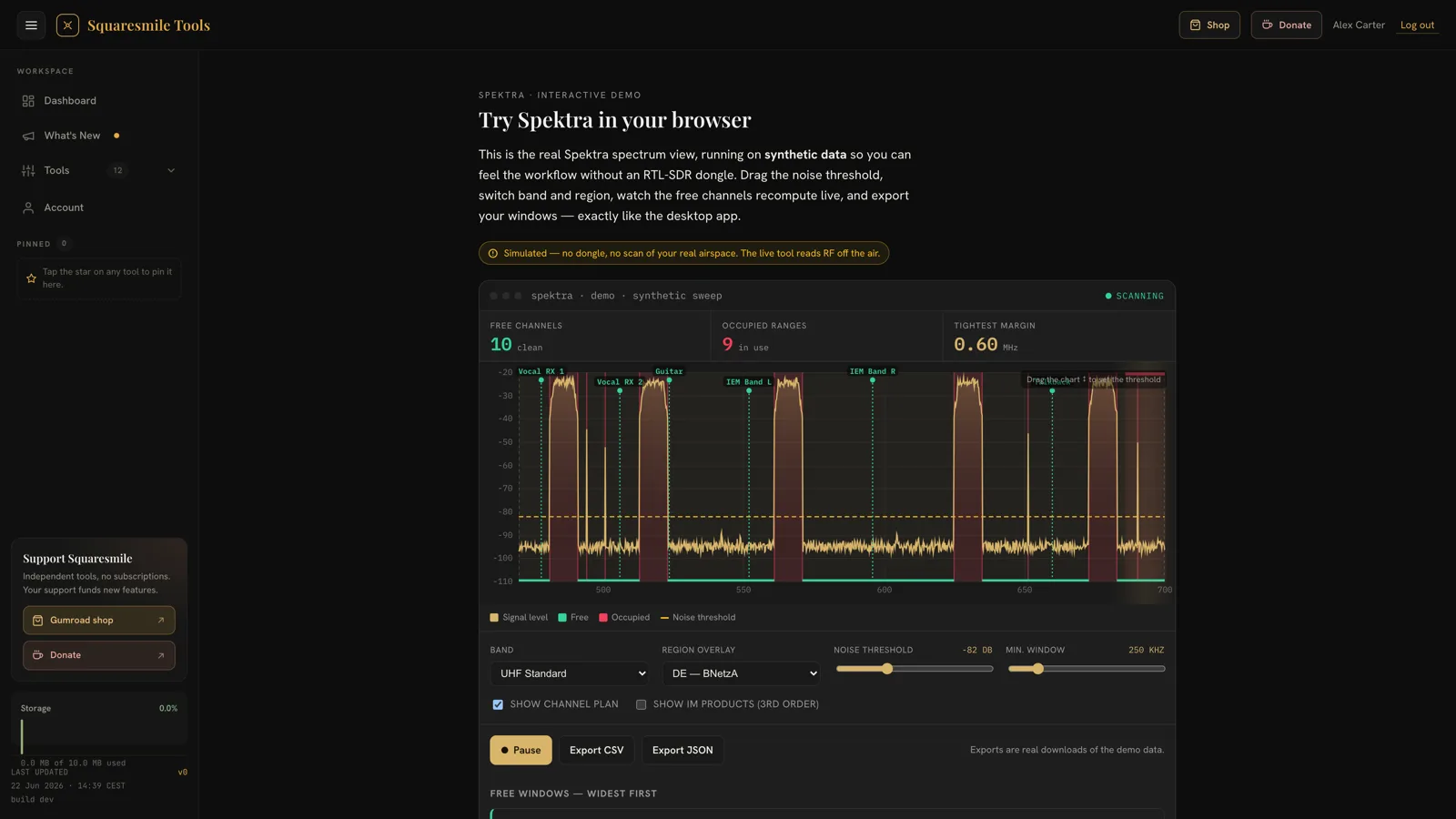 Spektra RF's spectrum view in the browser demo: a 470–700 MHz sweep with labeled carriers like Vocal RX 1 and IEM Band R, occupied ranges shaded red, free ranges green, the dashed noise threshold, and counters reading 10 free channels and 9 occupied ranges.