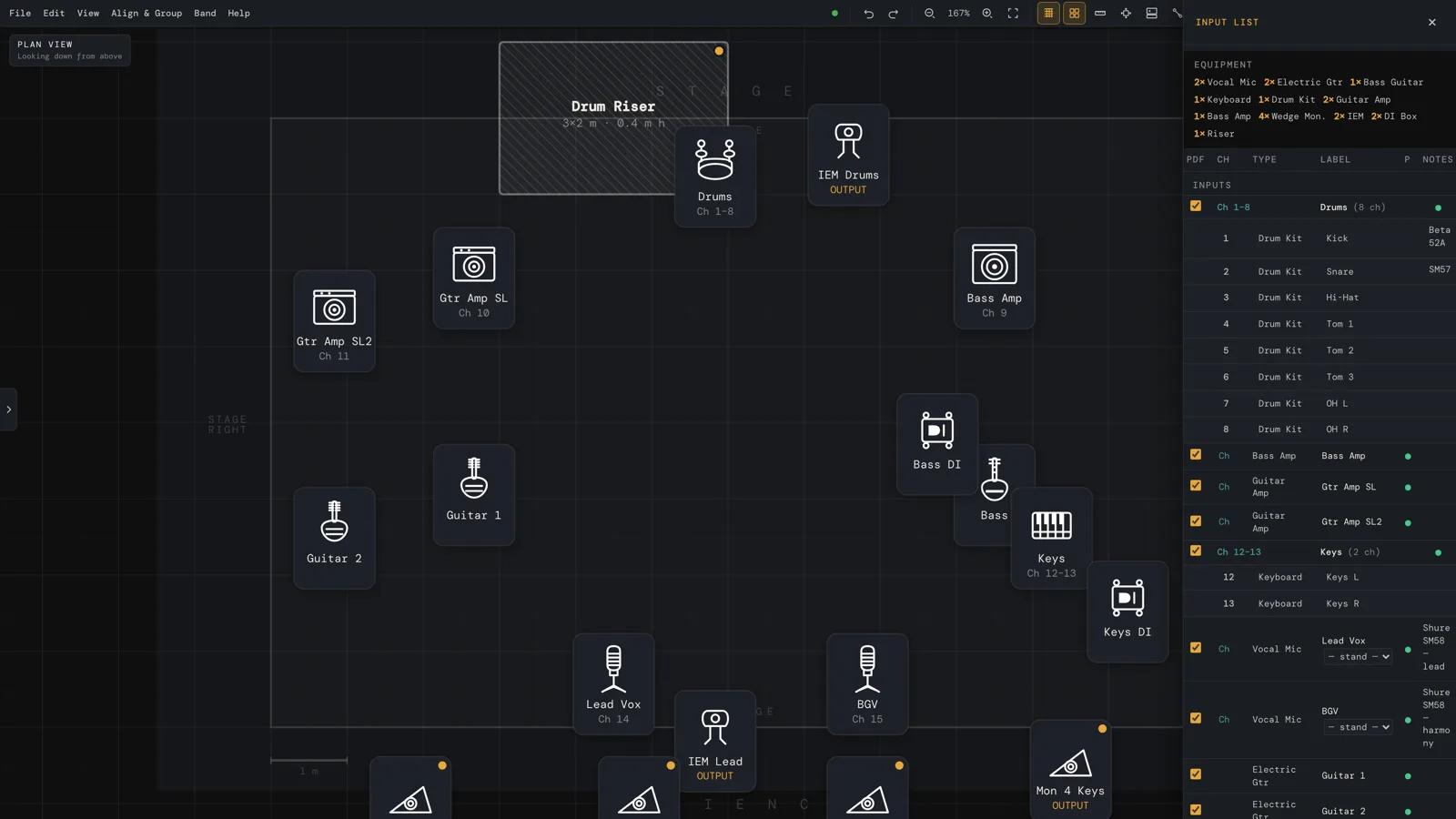 The same stage plot with the Input List panel open on the right: an equipment tally, then channels 1–8 for the drum kit (kick, snare, hi-hat, toms, overheads with mic models like Beta 52A and SM57), bass amp, guitar amps, keys and vocal mics with stand pick-lists.