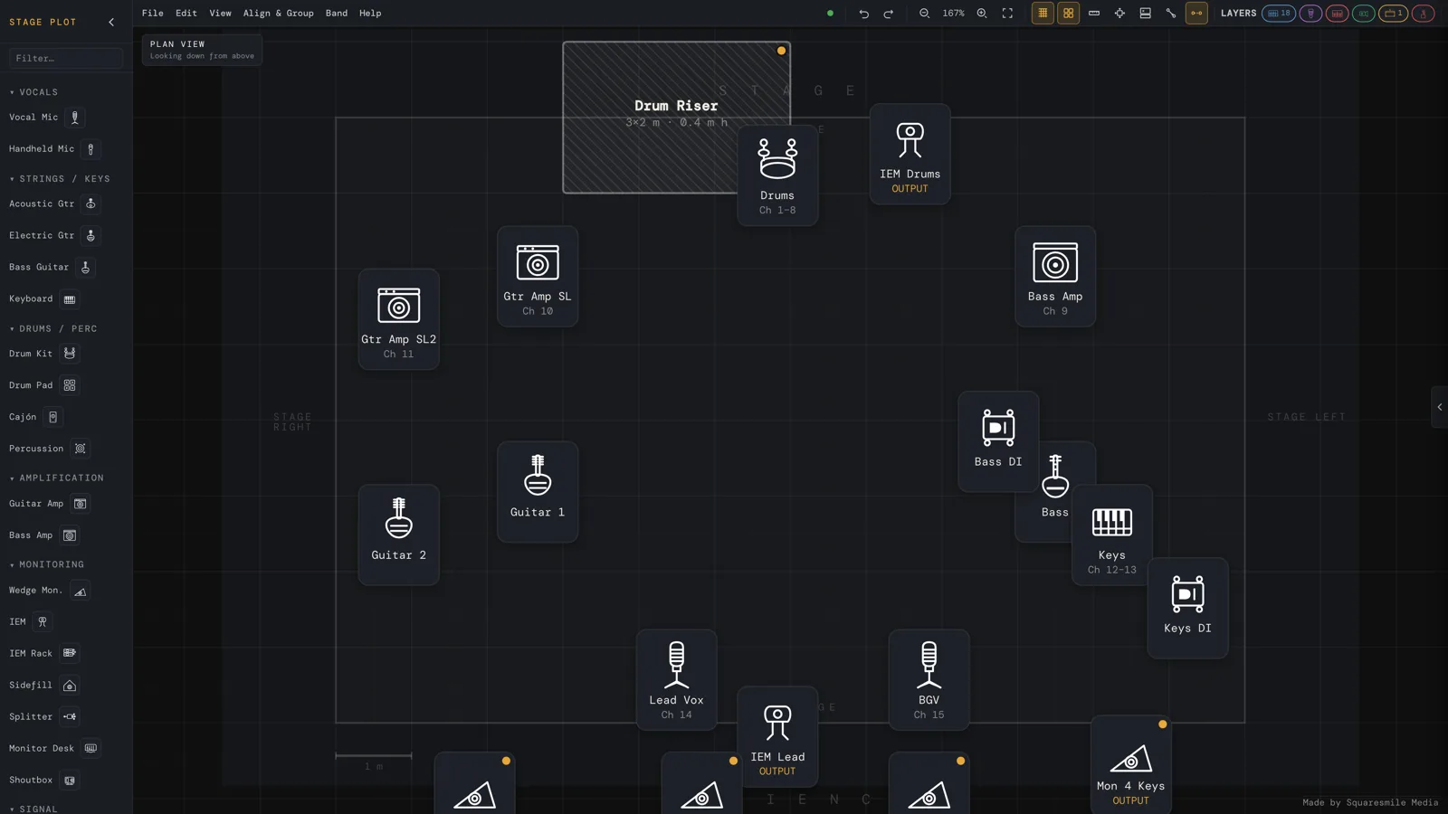 The Stage Plot Generator canvas in plan view with the element library open on the left — vocals, strings, drums, amplification and monitoring categories — and a metre-gridded stage holding a 3×2 m drum riser, guitar and bass amps, DI boxes, keys, lead vocal, wedges and IEM outputs, each labelled with its channel.