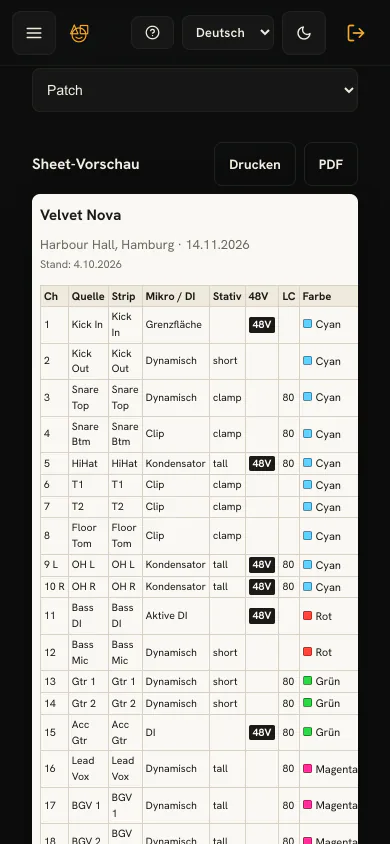 PatchSmith auf dem Handy: das schreibgeschützte Patch-Sheet — Band, Venue und Datum, dann eine Zeile pro Kanal mit Quelle, Strip-Name, Mikro, Stativ, 48 V und Farbe.