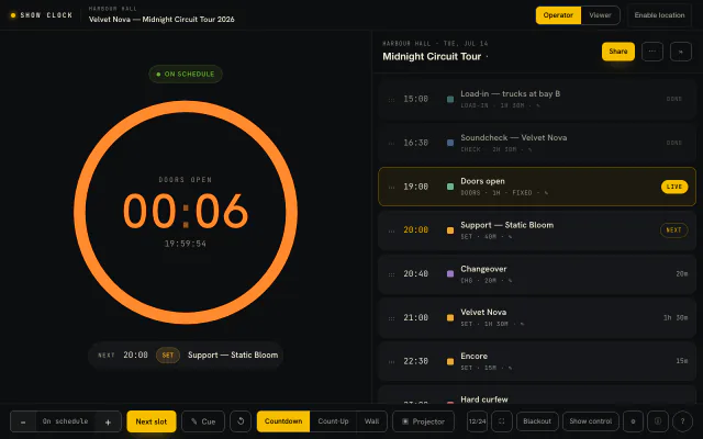 Show Clock’s operator view on a laptop: a countdown ring running out the last seconds of Doors open, with the next slot below it and the night’s running order beside it — Doors LIVE, the support set NEXT.
