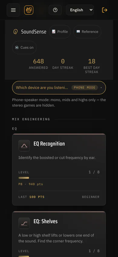 The SoundSense dashboard on a phone in phone-speaker mode: mono, mids and highs only, the stereo games hidden; below it the EQ training cards with level and personal best.