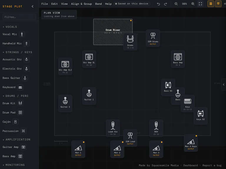Stage Plot Generator on a tablet: a band’s stage plan — drum riser, guitar and bass amps, keys, vocal mics, four wedges and two in-ear mixes, each with its channel numbers.