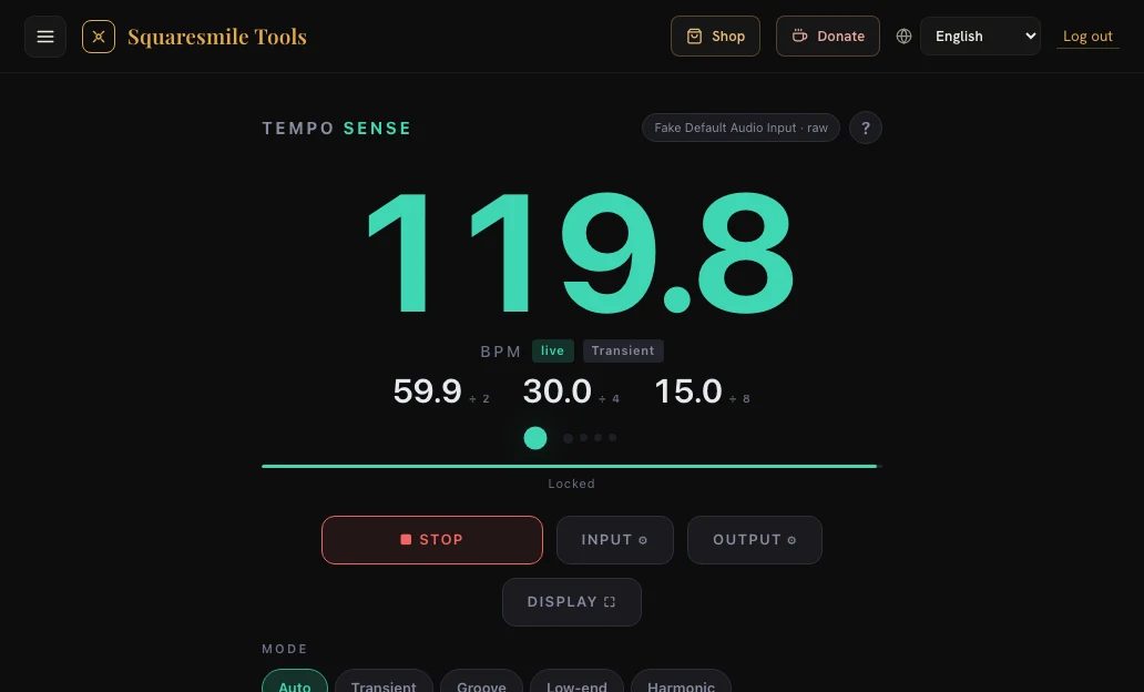 TempoSense locked on a 120 BPM groove: the big number, the ÷2 / ÷4 / ÷8 row reading 60, 30 and 15, the bar dots, the mode and range pills and the delay-time table underneath.